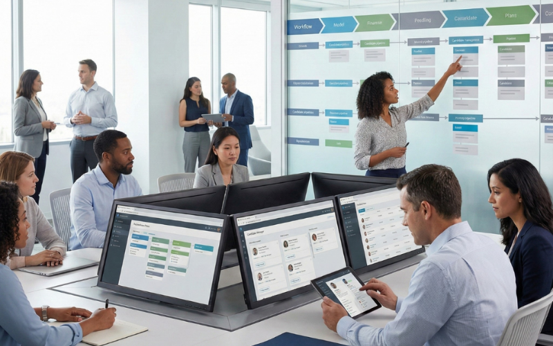 Recruitment team collaborating on permanent hiring workflows and candidate pipelines during a structured staffing process in a U.S. office.