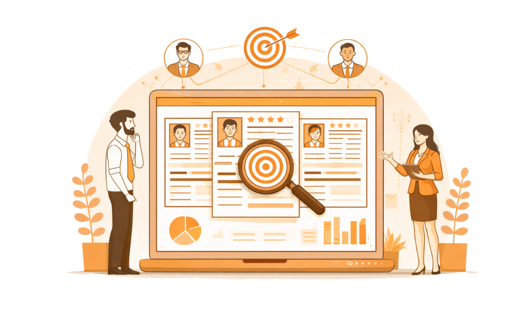 Illustration showing recruitment professionals reviewing candidate profiles, performance metrics, and hiring insights for permanent staffing decisions.