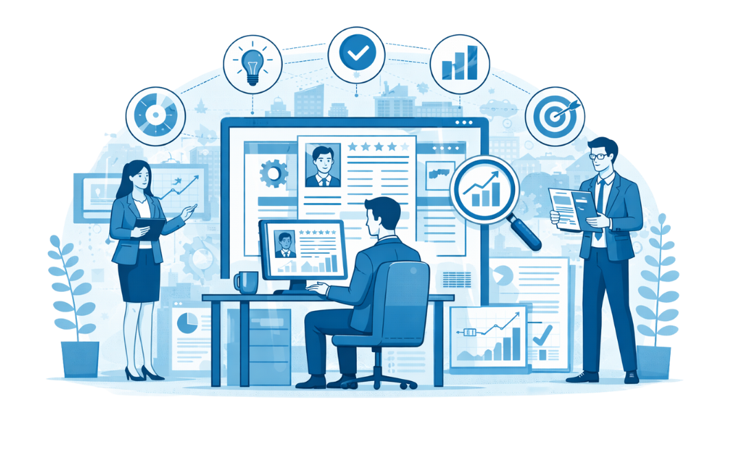 Illustration representing targeted talent identification, candidate comparison, and long-term role alignment in permanent staffing.