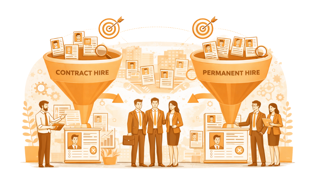 Illustration comparing contract-to-hire and permanent hiring funnels, showing candidate evaluation before long-term employment decisions